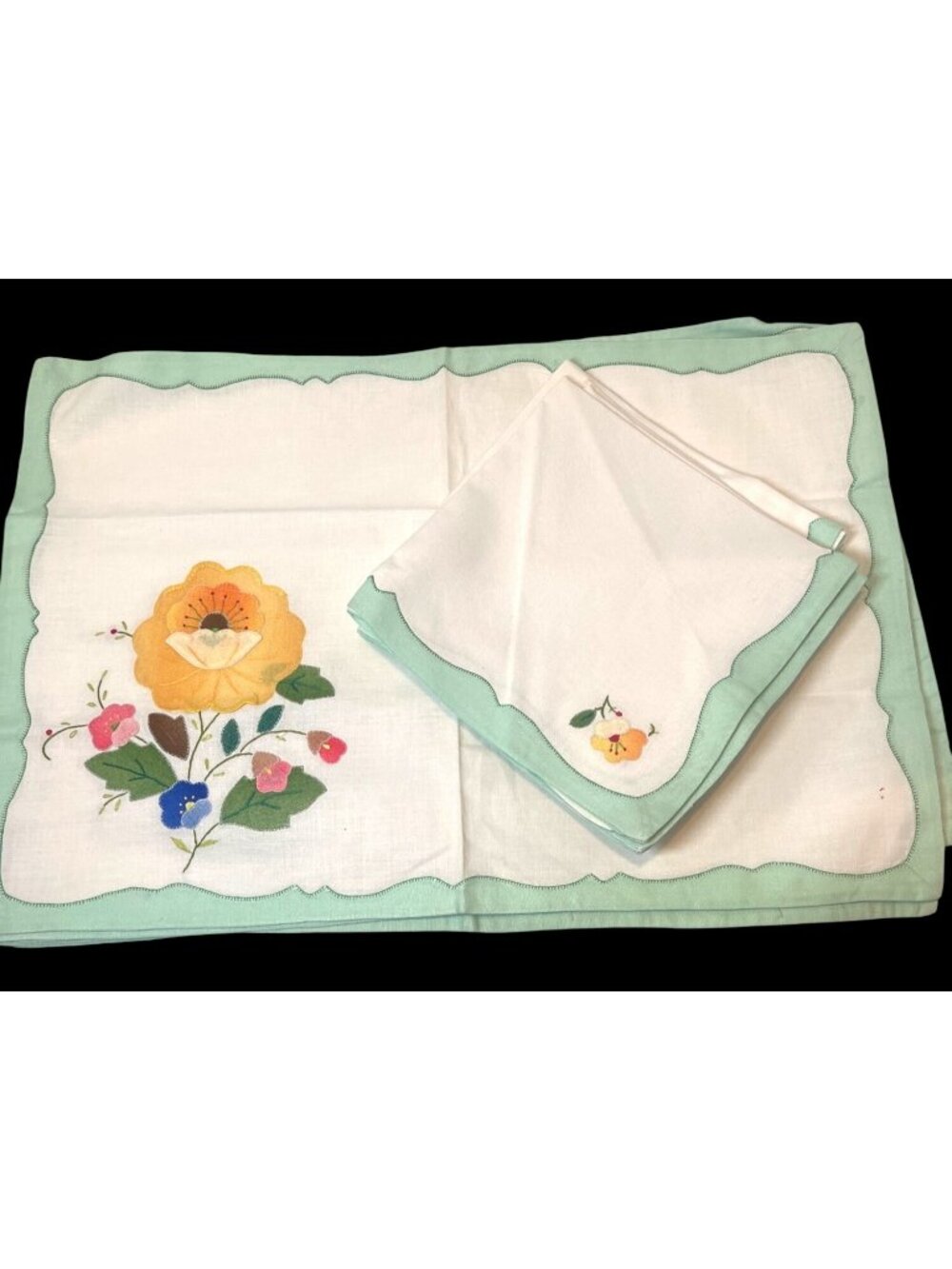 Six Floral Embroidered Placemats and 6 Napkins Set in Green & White 6 Pieces